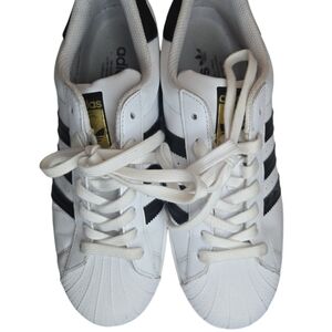 Adidas original Superstar white leather and black stripe trainers